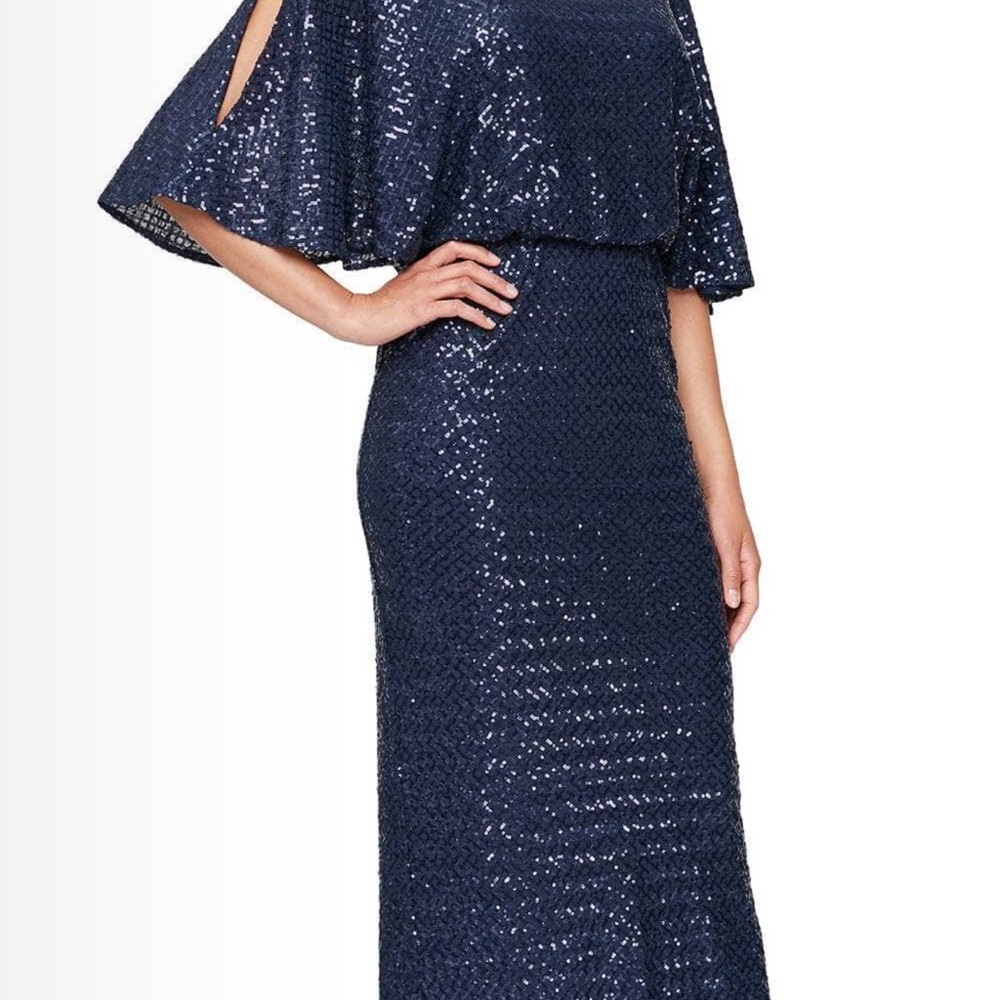 Alex Evenings Navy Sequin Long Sleeve Dress